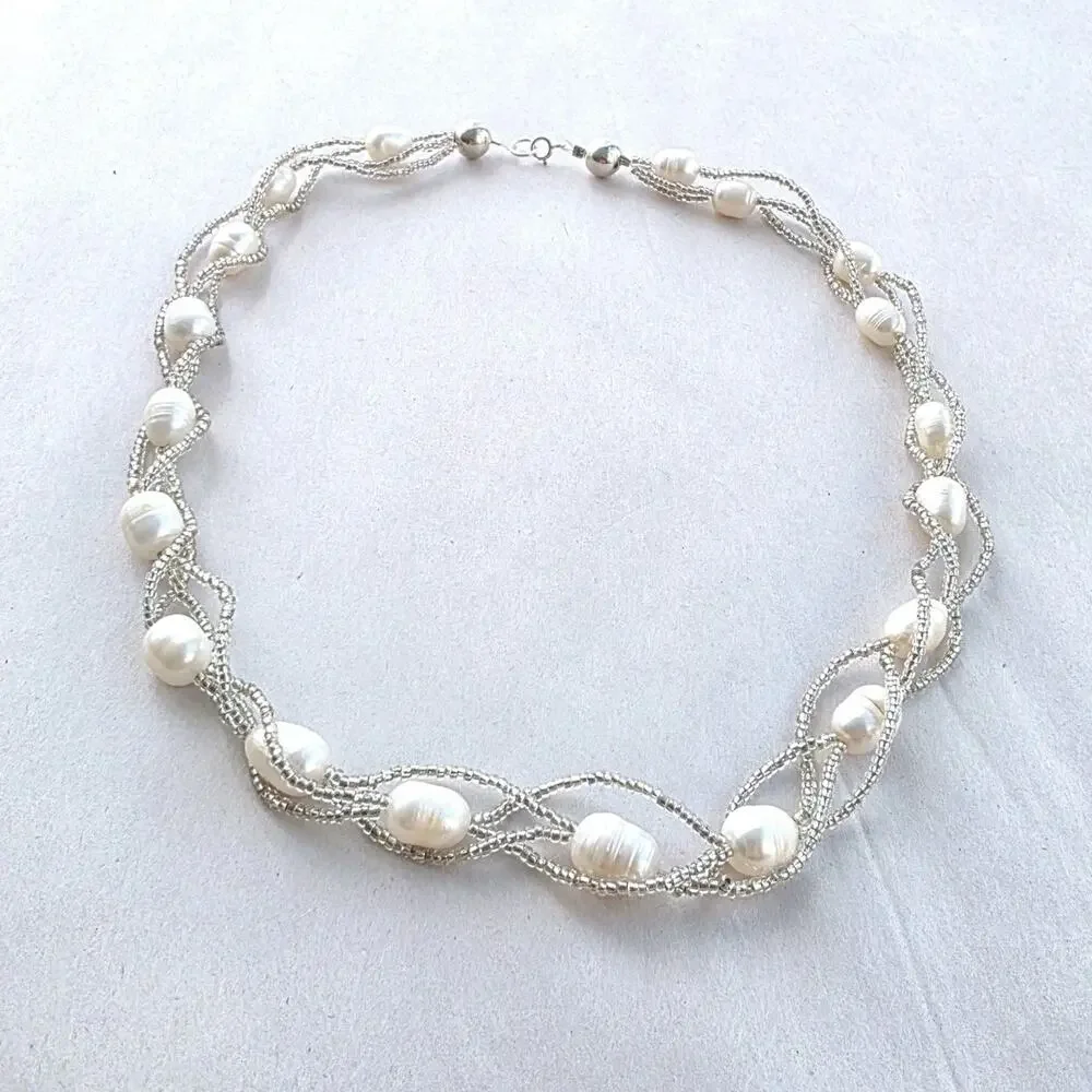 Sterling Silver 925 Multi Strand Woven White Pearl‎ Necklace Classic Preppy New